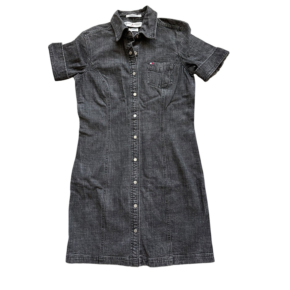Vintage Y2K Tommy Hilfiger Jeans Black Denim Shirt Mini Dress 8 Retro Streetwear